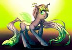 changeling eyelashes fan_character female feral fur green_eyes grey_fur hooves insect_wings ka-samy my_little_pony smile solo standing wings 