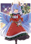  1girl :d antlers black_pantyhose blue_archive blue_hair blue_wings blurry blurry_background box breasts christmas_ornaments christmas_tree commentary_request depth_of_field dress fake_antlers feathered_wings frilled_skirt frills gift gift_box green_eyes green_skirt hair_ornament halo harada_(sansei_rain) highres holding holding_gift juliet_sleeves long_hair long_sleeves looking_at_viewer medium_breasts mine_(blue_archive) pantyhose parted_bangs plaid plaid_skirt pleated_skirt puffy_sleeves red_dress reindeer_antlers skirt smile solo star_(symbol) star_hair_ornament very_long_hair wings 
