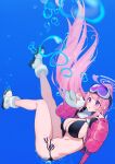  1girl air_bubble ass bikini black_bikini blue_archive blue_background blush breasts bubble cleavage eimi_(blue_archive) eimi_(swimsuit)_(blue_archive) full_body goggles goggles_on_head halo highres large_breasts long_hair looking_at_viewer official_alternate_costume parted_lips pink_eyes pink_hair pink_halo simple_background solo swimsuit very_long_hair yuura 
