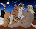 anthro bed belly dandelion860 duo felid fur furniture hi_res huckle humanoid lifewonders live_a_hero male male/male mammal mask musclegut muscular muscular_anthro muscular_male nide night nude pantherine pecs romantic romantic_couple ryekie_(live_a_hero) smile striped_body striped_fur stripes superhero tiger