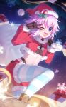  1girl alternate_costume artist_name bag binato_lulu bow bowtie christmas fur-trimmed_headwear fur-trimmed_jacket fur-trimmed_sleeves fur_trim gloves hair_between_eyes happy hat highres holding holding_bag jacket looking_at_viewer neptune_(neptunia) neptune_(series) one_eye_closed open_mouth pink_hair purple_eyes purple_hair red_jacket ribbon santa_costume santa_hat short_hair smile solo striped striped_thighhighs thighhighs v 