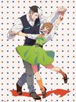  1girl :d artist_name belt brown_eyes brown_hair dancing dress flipped_hair full_body grin height_difference holding_hands hyakujuu-ou_golion looking_at_another multicolored_hair open_mouth pale_skin patterned_background pidge_gunderson smile socks t_k_g takashi_shirogane two-tone_hair voltron:_legendary_defender 