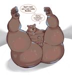 2023 anthro bear belly ben_(zenless_zone_zero) big_belly big_butt bodily_fluids brown_body butt dialogue english_text hi_res male mammal matchaijuice mihoyo moobs nipples overweight overweight_male scar simple_background solo sweat text zenless_zone_zero