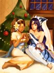  2girls blue_eyes bracelet braid braided_ponytail brown_hair christmas christmas_lights christmas_ornaments christmas_tree cookie_run dark-skinned_female dark_skin hey67o high_ponytail highres humanization jewelry long_hair looking_at_viewer monkey moonlight_cookie multiple_girls nail_polish personification sitting solo star_(symbol) starfruit_cookie 