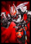  1boy armor black_bodysuit bodysuit boost_buckle commentary compound_eyes dashing desire_driver fox_mask gun holding holding_gun holding_weapon kamen_rider kamen_rider_geats kamen_rider_geats_(series) kitsune leg_armor magnum_buckle magnum_shooter_40x mask masukudo_(hamamoto_hikaru) red_background running solo tokusatsu walking weapon white_armor 