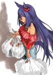  1girl absurdres animal_ears bag bare_shoulders black_hair breasts commentary_request dark-skinned_female dark_skin denim e-ncyo ear_ornament ear_scrunchie frilled_shirt frills from_above hair_ornament hairclip highres hishi_amazon_(umamusume) holding holding_bag holding_paper horse_ears horse_girl horse_tail jeans long_hair long_sleeves medium_breasts official_alternate_costume pants paper plastic_bag red_shirt shadow shirt shopping_bag simple_background solo tail umamusume very_long_hair white_background 