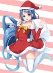  1girl blue_eyes blue_hair blush collarbone full_body hat highres holding holding_sack kantai_collection long_hair open_mouth pom_pom_(clothes) red_headwear ruin_re_birth sack samidare_(kancolle) santa_costume santa_hat smile solo thighhighs white_thighhighs 