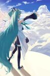  1girl above_clouds absurdres aqua_eyes aqua_hair aqua_necktie black_footwear black_skirt black_sleeves blue_sky boots clip_studio_paint_(medium) cloud commentary_request day detached_sleeves fingernails frilled_shirt frills full_body green_nails hair_ornament hatsune_miku hatsune_miku_happy_16th_birthday_-dear_creators- heaven highres long_hair making-of_available nail_polish necktie open_mouth outdoors outstretched_arm profile ryoha_kosako shirt skirt sky sleeveless sleeveless_shirt solo standing sunlight thigh_boots twintails very_long_hair video_thumbnail vocaloid white_shirt wide_sleeves 
