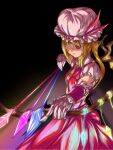  1girl alternate_weapon arrow_(projectile) blonde_hair bow_(weapon) breasts closed_mouth collared_shirt cowboy_shot crystal dark_background dososin flandre_scarlet glowing glowing_wings hair_between_eyes hair_over_one_eye hat hat_ribbon holding holding_bow_(weapon) holding_weapon long_hair mob_cap multicolored_wings necktie puffy_short_sleeves puffy_sleeves red_eyes red_ribbon red_skirt red_vest ribbon shirt short_sleeves skirt small_breasts solo spell_card touhou vest weapon white_headwear white_shirt wings yellow_necktie 