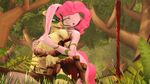  2016 3d_(artwork) anthro anthrofied big_breasts blue_eyes breasts clothed clothing detailed_background digital_media_(artwork) duo equine eyes_closed female fluttershy_(mlp) forest friendship_is_magic grass hair horse indigosfm kissing long_hair mammal my_little_pony navel open_mouth outside pink_hair pinkie_pie_(mlp) pony tongue tree 