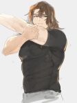  1boy bara black_shirt brown_eyes brown_hair clenched_hand closed_mouth granblue_fantasy grey_background grey_pants highres large_pectorals long_hair male_focus momimomi muscular muscular_male pants pectorals shirt siegfried_(granblue_fantasy) simple_background smile solo stretching upper_body 