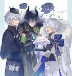  4boys ? ahoge black_hair cielomort_(fragaria_memories) cinnamoroll colored_eyelashes dragon_boy dragon_horns fragaria_memories green_eyes grey_hair highres horns male_focus malleus_draconia medium_hair multiple_boys pointy_ears purple_eyes sanrio shimazaki_nobunaga silver_(twisted_wonderland) smile twisted_wonderland yaoyaobae 