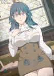  1girl absurdres ascot blue_eyes blue_hair book breasts brown_skirt buttons byleth_(female)_(fire_emblem) byleth_(fire_emblem) closed_mouth commission fire_emblem fire_emblem:_three_houses garreg_mach_monastery_uniform glasses highres indoors large_breasts long_hair long_sleeves looking_at_viewer red-framed_eyewear skirt smile solo table tak0baka white_ascot 