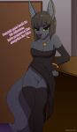 anthro artmarshmallow breasts canid canine canis cleavage clothed clothing dialogue dress ear_piercing female genitals hi_res implied_cuckold jackal jewelry leaning legwear looking_at_viewer mammal nightshade_(kadath) piercing pussy solo stockings talking_to_viewer text
