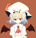  1girl ascot bat_wings blonde_hair brooch brown_background closed_mouth collared_shirt crossed_arms frilled_shirt_collar frills hat hat_ribbon jewelry light_smile mob_cap one_side_up puffy_short_sleeves puffy_sleeves red_ascot red_brooch red_eyes red_ribbon remilia_scarlet ribbon ribbon-trimmed_headwear ribbon_trim risshu shirt short_sleeves simple_background solo touhou upper_body white_headwear white_shirt wings 