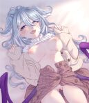  1girl ass_visible_through_thighs blue_eyes blue_hair blush breasts dragon_wings elira_pendora elira_pendora_(3rd_costume) fangs hair_between_eyes hair_ornament hairclip head_wings heterochromia highres large_breasts long_hair looking_at_viewer lying navel nijisanji nijisanji_en nipples no_panties on_back open_mouth other5555 pussy sleeves_past_wrists solo sweater uncensored wings 