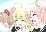  3girls :d ahoge amano_soraha animal_ears aqua_background assault_lily black_ribbon blonde_hair brown_hair cat_ears closed_eyes clover_hair_ornament fake_animal_ears fang four-leaf_clover_hair_ornament hair_between_eyes hair_ornament high_ponytail hitotsuyanagi_riri kondou_misaka long_hair low_ponytail multiple_girls neck_ribbon one_side_up open_mouth pink_hair ponytail portrait profile ribbon school_uniform short_hair smile teeth two-tone_background upper_teeth_only urutsu_sahari white_background yurigaoka_girls_academy_school_uniform 