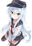  1girl anchor_symbol between_legs black_sailor_collar black_thighhighs blue_eyes blush fathom flat_cap grey_hair hand_between_legs hat hibiki_(kancolle) highres kantai_collection long_hair looking_at_viewer neckerchief pleated_skirt red_neckerchief sailor_collar school_uniform serafuku simple_background sitting skirt solo thighhighs wariza 