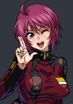  1girl ahoge breasts grey_background gundam gundam_seed gundam_seed_destiny high_collar long_sleeves looking_at_viewer lunamaria_hawke one_eye_closed open_mouth purple_eyes short_hair solo syunzou teeth upper_body upper_teeth_only 