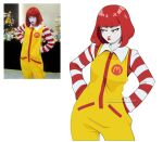  1girl aaron_schmit clown contrapposto cosplay cowboy_shot indoors logo mcdonald&#039;s photo-referenced red_hair red_lips reference_inset ronald_mcdonald ronald_mcdonald_(cosplay) short_hair striped_sleeves watermark white_background 