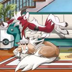  artist_name claws couch crossed_legs evelmanian furry gen_7_pokemon lycanroc lying no_humans petting pillow plant poke_ball_symbol pokemon pokemon_(creature) potted_plant rug wolf 