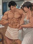  3boys abs brown_hair dgls fan male_focus multiple_boys muscle nipples pecs tagme towel 