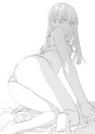  1girl arm_support ass bra from_side highres kneeling legs light_frown long_hair looking_at_viewer looking_back minoshima_ayaka original panties sketch solo underwear underwear_only 