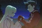  1boy 1girl blonde_hair brown_hair choker closed_mouth colette_brunel dress gloves highres jewelry lloyd_irving long_hair nanpou_(nanpou0021) red_gloves red_shirt shirt signature star_(sky) tales_of_(series) tales_of_symphonia tree 