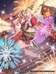  1girl aerial_fireworks armpits black_footwear brown_eyes character_request cloud cloudy_sky commentary_request detached_sleeves double_bun fireworks frilled_sleeves frills full_body gloves grin hair_bun hair_ornament hairclip half_gloves headphones headphones_around_neck highres horns lantern long_sleeves midair mitsudomoe_(shape) official_art outdoors red_hair sandals sky smile solo stairs stone_stairs sunset tomoe_(symbol) torii twintails white_gloves wide_sleeves yuko_(uc_yuk) z/x zouri 