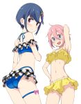  2girls aged_up arm_behind_head arm_up ass back bikini blue_bikini blue_eyes blue_hair blush breasts closed_mouth frilled_bikini frills from_behind frown hair_ornament hairclip halterneck hand_on_own_hip kagamihara_nadeshiko kayabakoro looking_at_viewer looking_back medium_breasts multi-strapped_bikini_bottom multiple_girls navel pink_hair purple_eyes shima_rin short_hair simple_background standing sweatdrop swimsuit thigh_strap white_background yellow_bikini yurucamp 