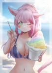  1girl :3 animal_ears beach bikini blurry breasts cat_ears cat_tail cleavage depth_of_field final_fantasy final_fantasy_xiv food green_eyes holding holding_spoon large_breasts light_blush long_bangs long_hair looking_at_viewer miqo&#039;te nail_polish navel ocean one_eye_closed outstretched_hand pink_hair ponytail shaved_ice signature solo spoon striped_bikini striped_clothes sunlight swimsuit tail usamiqote warrior_of_light_(ff14) 