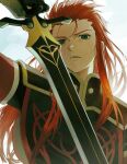  1boy asch_(tales) black_gloves black_tabard blue_sky cloud cloudy_sky commentary elbow_gloves gloves green_eyes hair_slicked_back hand_up high_collar highres holding holding_sword holding_weapon long_hair looking_at_viewer male_focus meba outdoors parted_lips red_hair serious shoulder_pads sidelocks sky solo spiked_hair sword tabard tales_of_(series) tales_of_the_abyss upper_body weapon 