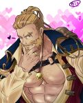  1boy abs absurdres bara beard bergamond_(crave_saga) blonde_hair blue_eyes chest_belt chest_hair chest_harness clenched_teeth collarbone crave_saga eyebrow_cut facial_hair hand_on_own_chin harness heart heart_background highres jacket jacket_on_shoulders jewelry large_pectorals long_hair looking_at_viewer male_focus mature_male muscular muscular_male one_eye_closed open_clothes pectorals pon_tarami ponytail ring solo sparkle stroking_own_chin teeth thick_eyebrows thick_mustache wink_heart 