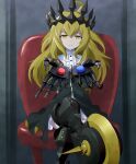  1girl 32zzz ahoge armored_gloves black_dress black_rock_shooter blue_pill center_frills chariot_(black_rock_shooter) claws crossed_bangs crown dress frills hair_between_eyes highres light_brown_hair long_hair looking_at_viewer mechanical_legs meme morpheus_(the_matrix) orange_eyes red_pill scene_reference sidelocks sitting skates solo the_matrix white_dress 