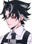  1boy alternate_costume black_hair black_necktie chest_harness collared_shirt earrings genshin_impact grey_background grey_eyes grey_hair harness jewelry male_focus multicolored_hair multiple_earrings nana_illust necktie scar shirt short_hair simple_background solo teeth twitter_username white_shirt wriothesley_(genshin_impact) 