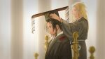  2boys black_hair black_robe blonde_hair blurry chin_strap chinese_clothes depth_of_field enki_(juuni_kokuki) from_side hand_up hanfu highres juuni_kokuki king king_en_(juuni_kokuki) long_hair long_sleeves looking_ahead male_focus mian_guan multiple_boys outstretched_arm profile purple_eyes putting_on_headwear robe ruen_(pixiv5872798) sash sitting standing throne updo wide_sleeves yaopei 