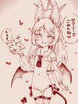  1girl animal_ears anonymous_(japanese) bare_shoulders bikini black_horns blue_archive blush demon_girl demon_horns demon_tail demon_wings detached_collar detached_sleeves fang flat_chest fox_ears halo hand_up heart horns ibuki_(blue_archive) long_hair looking_at_viewer low_wings micro_bikini monochrome navel necktie open_mouth pointy_ears short_necktie simple_background smile solo swimsuit tail wings 