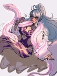  1girl blue_hair body_markings breasts fire_emblem fire_emblem_heroes highres large_breasts leon0630claude looking_at_viewer messy_hair nidhoggr_(fire_emblem) revealing_clothes robe snake white_robe 