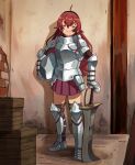  1girl ahoge armor black_hairband blush breastplate brick_wall closed_eyes closed_mouth eris_greyrat full_body gauntlets greaves hairband helm helmet highres holding holding_helmet holding_sword holding_weapon long_hair mushoku_tensei plate_armor rappenem red_hair red_skirt shoulder_armor skirt smile solo sword thick_eyebrows weapon wooden_box 