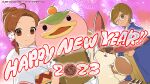  beak brown_eyes brown_hair disc_(monster_farm) ham_(monster_farm) highres line:_monster_farm looking_at_viewer mocchi_(monster_farm) monster_(monster_farm) monster_farm new_year official_art one_eye_closed poltz smile tabitha_(monster_farm) 