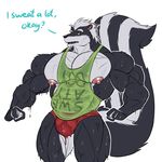  2016 5_fingers anthro biceps black_fur black_nose black_tail bulge clothed clothing dialogue digital_media_(artwork) english_text erect_nipples fluffy fluffy_tail front_view fur hair hi_res huge_muscles huge_tail male mammal multicolored_fur muscular muscular_male nipple_piercing nipples open_mouth pecs piercing pink_nipples portrait shirt simple_background skunk solo standing sweat tank_top text three-quarter_portrait two_tone_fur two_tone_tail underwear wet_clothing wet_shirt white_background white_fur white_hair white_tail wolfiecanem yellow_eyes 