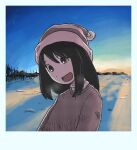  1girl azumanga_daioh black_hair blue_sky border clear_sky commentary dawn denkirk english_commentary grey_eyes hat highres kasuga_ayumu looking_at_viewer nightcap open_mouth sky smile snow solo upper_body white_border winter 