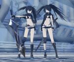  2girls 32zzz asymmetrical_legwear bandaged_arm bandages black_bra black_coat black_gloves black_rock_shooter black_rock_shooter_(character) black_scarf black_shorts blue_eyes bra breasts coat colored_skin commentary_request fingerless_gloves gloves grey_skin hair_between_eyes hair_over_one_eye highres holding holding_sword holding_weapon huge_weapon katana multiple_girls multiple_persona navel pale_skin scarf sheath sheathed short_shorts shorts small_breasts sword twintails underwear uneven_twintails weapon 
