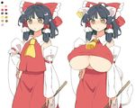  animal_ears ascot bell black_hair bow breast_expansion breasts brown_eyes chiyoshi_(sevendw) closed_mouth comparison covered_nipples cow_bell cow_ears cow_tail detached_sleeves expressionless flat_chest hair_bow hair_tubes hakurei_reimu hand_on_hip horns huge_breasts long_skirt red_shirt red_skirt ribbon-trimmed_sleeves ribbon_trim shirt short_hair skirt solo tail touhou underboob 