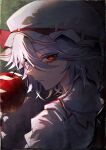  1girl 33_gaff absurdres apple black_eyeliner blue_hair closed_mouth eyelashes eyeliner food fruit hat hat_ribbon highres holding holding_food holding_fruit looking_at_viewer makeup messy_hair mob_cap pink_headwear red_eyes remilia_scarlet ribbon short_hair smile solo touhou upper_body wrist_cuffs 