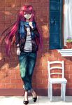  alternate_costume brick_wall chair contemporary dappled_sunlight denim fal fate/grand_order fate_(series) highres jeans long_hair pants plant potted_plant purple_eyes purple_hair scarf scathach_(fate)_(all) scathach_(fate/grand_order) smile solo sunlight watch wristwatch 