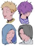  4boys bandana bandana_around_neck black_eyes black_hair blonde_hair blue_eyes collared_shirt commentary_request constricted_pupils cropped_head cropped_shoulders curtained_hair grin hacchi_(napoli_no_otokotachi) half-closed_eyes highres hood hood_up jack-o&#039;_ran-tan light_frown looking_at_viewer male_focus multiple_boys naotin3333 napoli_no_otokotachi purple_eyes purple_hair purple_shirt shirt short_hair shu3_(napoli_no_otokotachi) simple_background smile striped_clothes striped_shirt sugiru_(napoli_no_otokotachi) sweat sweater tareme turtleneck turtleneck_sweater v-shaped_eyebrows white_background white_sweater yellow_bandana yellow_eyes 