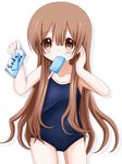  1girl blush brown_eyes brown_hair child flat_chest ice_cream long_hair one-piece_swimsuit oomuro-ke oomuro_hanako simple_background siousay solo swimsuit white_background yuru_yuri 