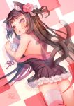  1girl absurdres animal_ears bare_back bare_shoulders blush brown_hair cat_ears cat_girl cat_tail caught flower hair_flower hair_ornament highres iwaibeni83 long_hair multiple_tails nekoyama_nae single_thighhigh surprised tail thighhighs two_tails undressing virtual_youtuber 