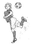  1girl :3 :q ass ball bouncing_breasts breasts commentary_request full_body greyscale headband highres kicking kneehighs large_breasts looking_back mada_tetsukazu monochrome motion_blur original playing_sports shoes short_hair short_sleeves shorts soccer soccer_ball soccer_uniform socks solo sportswear standing standing_on_one_leg tongue tongue_out 